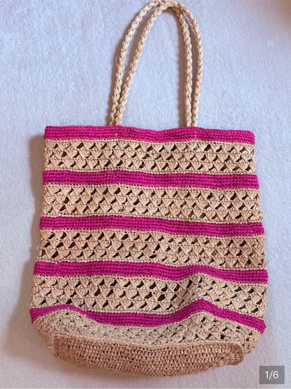 Mar y Sol Natural Raffa
Crochet Summer Beach Tote with Hot Pink Stripes NWOT